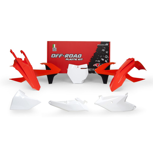 sada plastů KTM, RTECH (oranžovo-bílo-černá, 6 dílů, vč. krytů vzduch filtru)