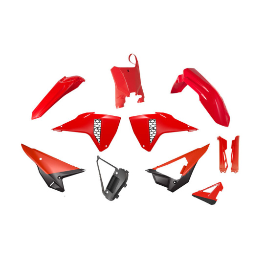 kompletní sada plastů (vc. chráničů vidlic) REVOLUTION HONDA, RTECH (červená-černá) 
