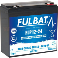lithiová baterie  LiFePO4  FLP12-24  FULBAT 12,8V, 24Ah, 307Wh, hmotnost 2,9 kg, 181x77x167
