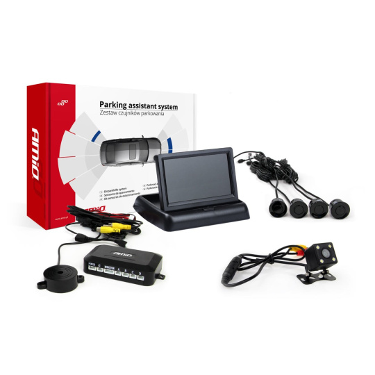 parkovací asistent zadní s kamerou a výklopným displejem - zvuková signalizace, 4x senzor,  (ČERNÉ)
